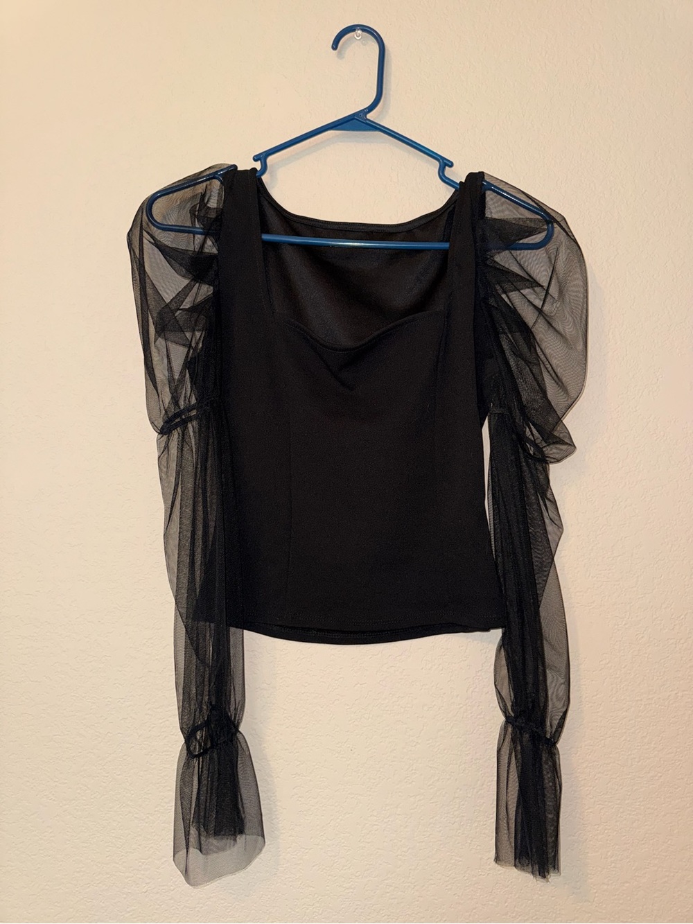 Sheer Puff Sleeve Black Top with Square Neckline